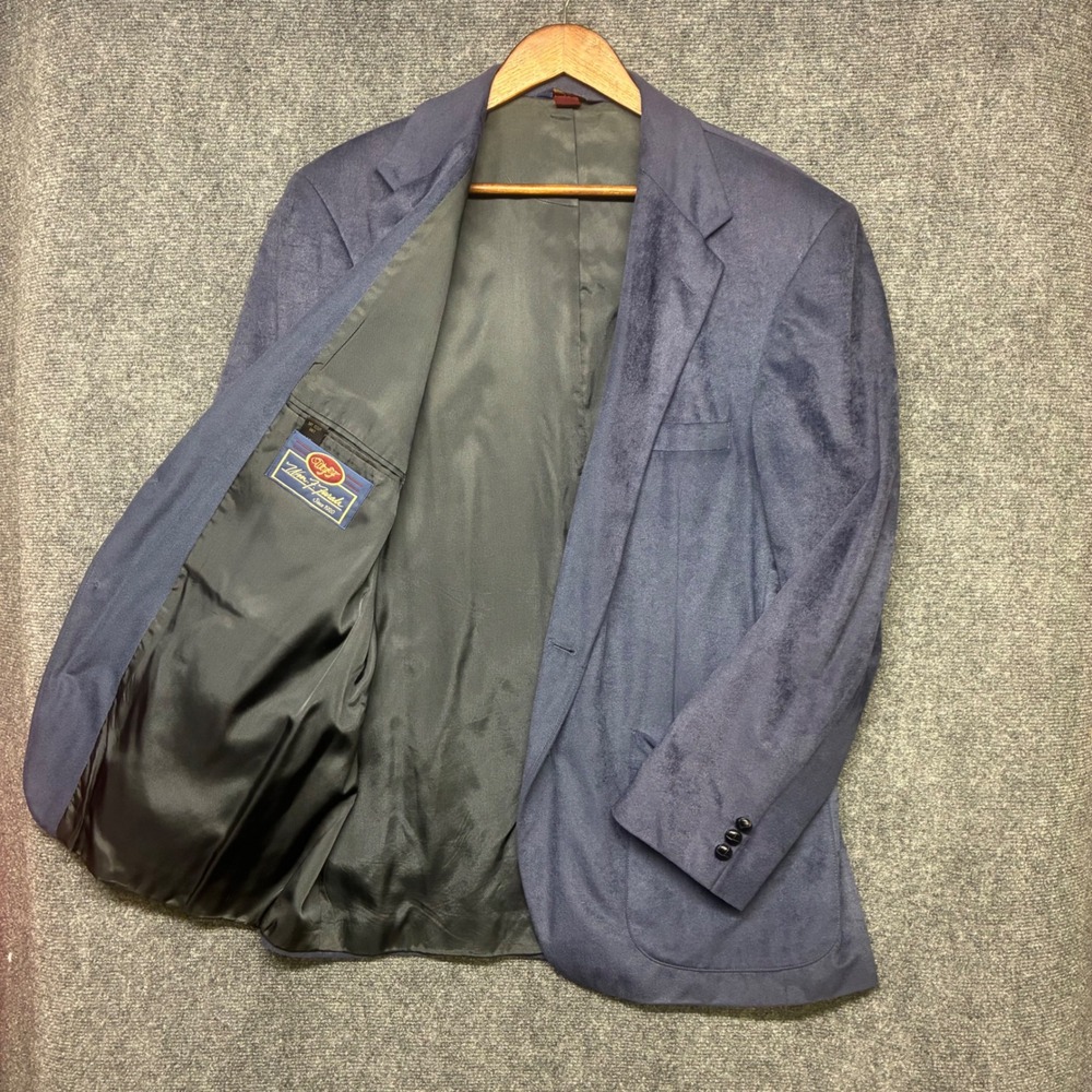 Vintage Wm. F. Farah Blazer Sport Coat Mens 46R Blue Faux Suede Retro 70s